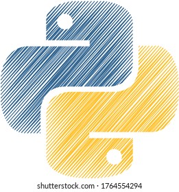 Python emblem blue and yellow snakes in sketch style. For print and web.