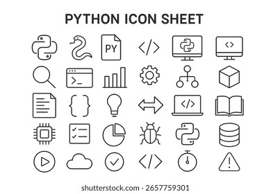 Python Icon Sheet Vetor Collection para linguagem de programação Python e desenvolvimento de software