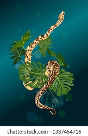 python with monstera and Philodendron leaves