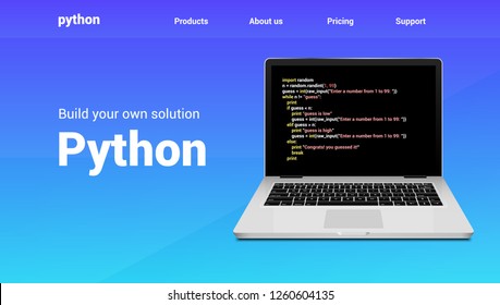 Python programming code technology banner. Python language software coding development website design.
