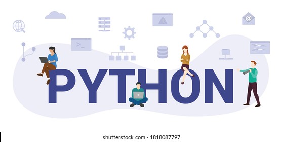 python programming language concept with modern big text or word and people with icon related modern flat style