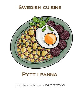 Pytt i Panna is a classic Swedish dish, featuring diced potatoes, onions and meat. Hand-drawn vector illustration