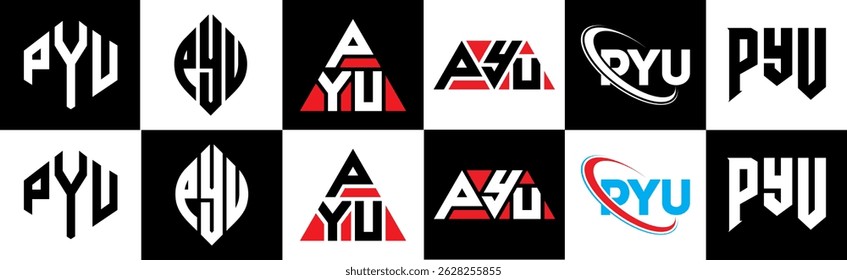 PYU letter logo design in six style. PYU polygon, circle, triangle, hexagon, flat and simple style with black and white color variation letter logo set in one artboard. PYU minimalist and classic logo