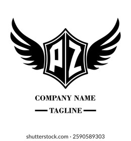 PZ bold shield logo with wings, customizable with letters A to Z. Perfect for brands seeking a powerful symbol of strength, freedom, and ambition