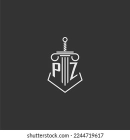PZ firma de ley de monograma inicial con diseño de logo de espada y pilar