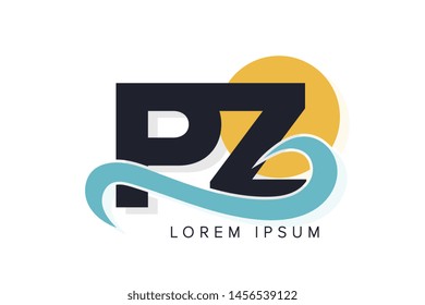 PZ letter logo with ocean waves and sunset. Beach concept design