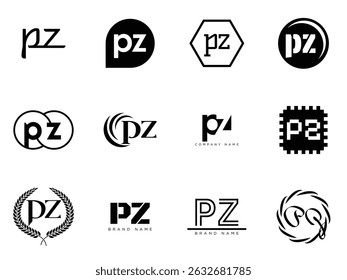 PZ logo company template. Letter p and z logotype. Set different classic serif lettering and modern bold text with design elements. Initial font typography. Collection trendy business identity.