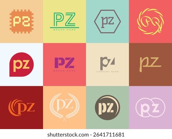 PZ logo company template. Letter p and z logotype. Set different classic serif lettering and modern bold text with design elements. Initial font typography. Collection trendy business identity.