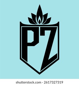 PZ Logo featuring a minimalist design with a crown-like flower symbol on top, bold black elements, and a soft blue background, perfect for branding and modern visual identity.