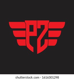 PZ Logo monogram with emblem and wings element design template on red colors