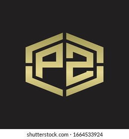 PZ Logo monogram with hexagon shape and piece line rounded design tamplate on gold colors