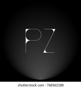 PZ White thin minimalist LOGO Design with Highlight on Black Background.