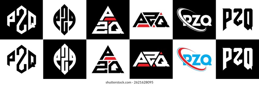 PZQ letter logo design in six style. PZQ polygon, circle, triangle, hexagon, flat and simple style with black and white color variation letter logo set in one artboard. PZQ minimalist and classic logo