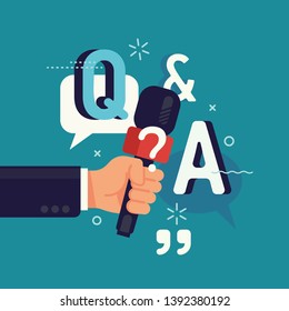 'Q and A' concept vector flat design with abstract hand holding microphone. Question and answers, poll or quiz visual