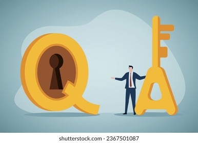 'Q and A' concept vector flat design.Businessman holding 'A' key to unlock question.