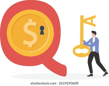 'Q e A' conceito vetor plano design.Businessman segurando 'A' chave para desbloquear a pergunta.

