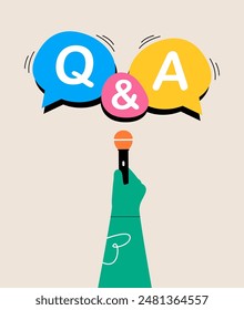 'Q and A'  with hand holding microphone. Question and answer. Colorful vector illustration
