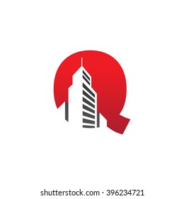 Q alphabet building negative space letter logo red