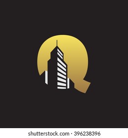 Q alphabet building negative space letter logo gold black background