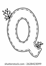 Alfabeto Q com decoração de flores e borderline, adequado para uso educacional, como folha de coloração e cartaz educacional ou cartão para crianças