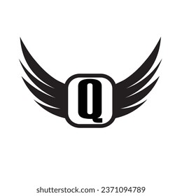 Q alphabet letter logo for business and company with wings and black and white color. Corporate branding and lettering icon with simple design.