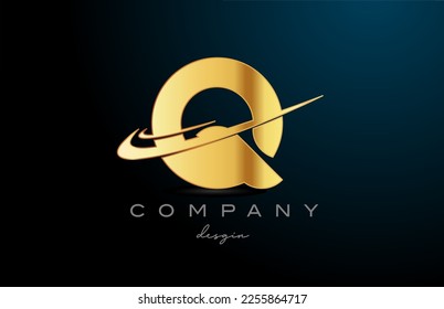 Q alphabet letter logo with double swoosh in gold golden color. Corporate creative template design for company and business