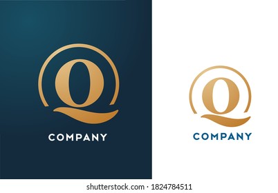 Icono del logotipo de la letra del alfabeto Q en color oro y azul. Diseño de círculo dorado simple y creativo para empresas y empresas