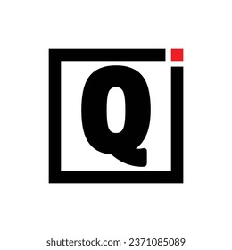 Q alphabet letter logo icon in black and white. Company and business design with a square and red dot.
