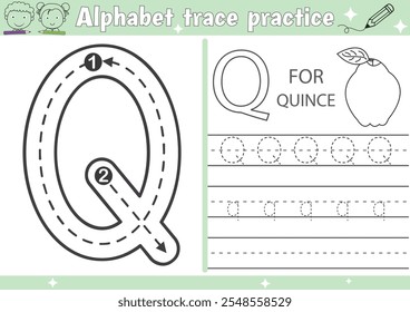 
Q alphabet tracing practice worksheet and Quince coloring book page with outline vector for Pre-school Kids
