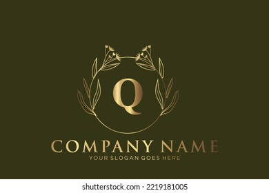 Q Beauty vector initial logo gold, handwriting logo of initial signature, wedding, fashion, jewerly, boutique, floral and botanical with creative template for any company or business.