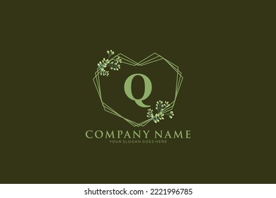 Q Beauty vector initial logo, floral letters with flowers leaves and splatters isolated on white and black background. Vector illustration for wedding, greeting cards, invitations template design
