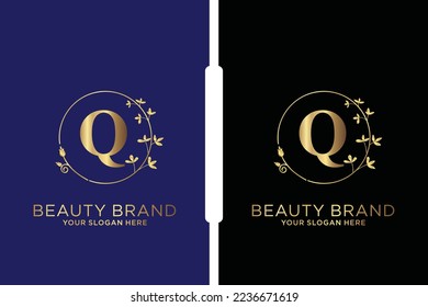 Q Beauty vector initial logo, Golden floral letters with flowers leaves and gold splatters isolated on white background. Vector illustration for wedding, greeting cards, invitations template design