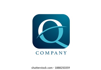 Q blue alphabet letter logo for company and corporate. Rounded square design with swoosh. Can be used for an app or button icon