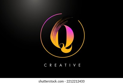 Q Brush Stroke Letter Logo Design. Orange Purple Paint Logo Leters Icon with Elegant Circle Vector Design.