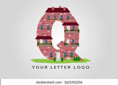 Q building letter vector illustration.  House letter with windows, balcony, doors, roof, bricks, chimneys and flowers for logo, label, cover, brochure, card, real estate agency or web page design.