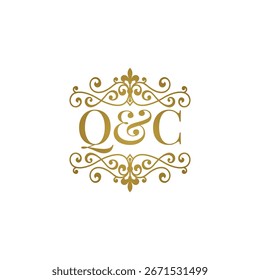 Q C initials logo ornament gold. Letter BD wedding ampersand or business partner symbol