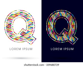 Q, Colorful Brick, Construction font graphic design.