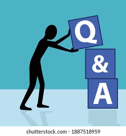 q and a concept, man making word questions and answers with blue cubes, vector illustration