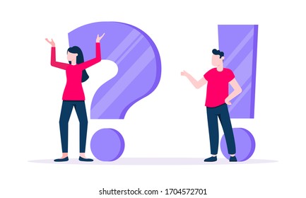 Q and A concept with tiny man people character with big question, exclamation mark, frequently asked questions concept. Question answer business support web page flat style design vector illustration.
