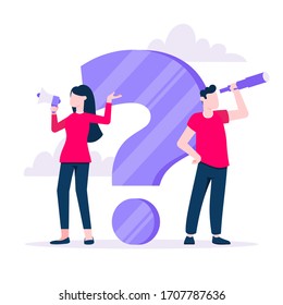 P y Un concepto con personajes hombres pequeños con grandes preguntas, signo de exclamación, preguntas frecuentes concepto. Respuesta de preguntas soporte empresarial página web diseño plano ilustración vectorial.