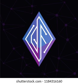 Q F Initial letter block chain logo icon vector template. Looping mono line circuit letter on rhombus cube logo
