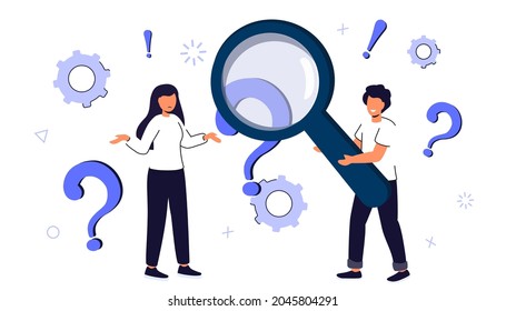 Q and A or FAQ concept Searching solutions Useful information Customer support Solving problem Choice Smart man standing near big question mark thinking or solving problem Error 404 Restart Dilemma