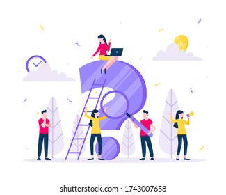 Q and A or FAQ concept with tiny people character, big question mark, frequently asked questions template. Answers business support concept flat style design vector illustration.