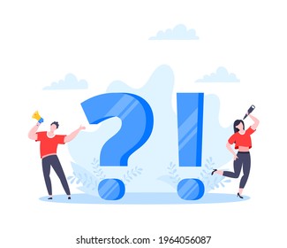 Q and A or FAQ concept with tiny people characters, big question and exclamation mark, frequently asked questions template. Answers business support concept flat style design vector illustration.