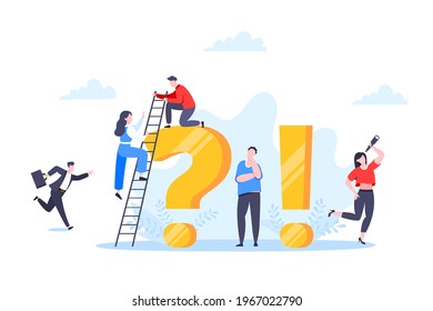 Q and A or FAQ concept with tiny people characters, big question and exclamation mark, frequently asked questions template. Answers business support concept flat style design vector illustration.