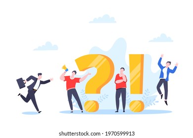 Q and A or FAQ concept with tiny people characters, big question and exclamation mark, frequently asked questions template. Answers business support concept flat style design vector illustration.