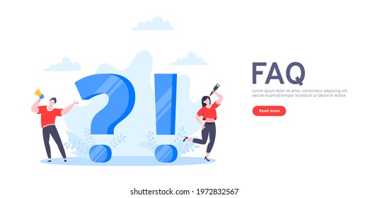 Q and A or FAQ concept with tiny people characters, big question and exclamation mark, frequently asked questions template. Answers business support concept flat style design vector illustration.