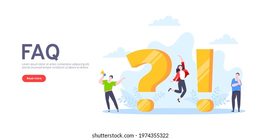 Q and A or FAQ concept with tiny people characters, big question and exclamation mark, frequently asked questions template. Answers business support concept flat style design vector illustration.