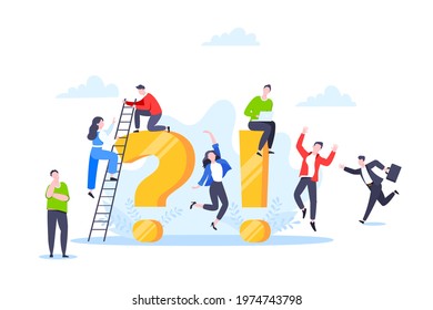 Q and A or FAQ concept with tiny people characters, big question and exclamation mark, frequently asked questions template. Answers business support concept flat style design vector illustration.