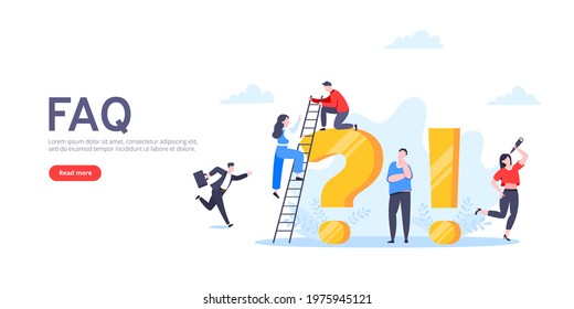 Q and A or FAQ concept with tiny people characters, big question and exclamation mark, frequently asked questions template. Answers business support concept flat style design vector illustration.